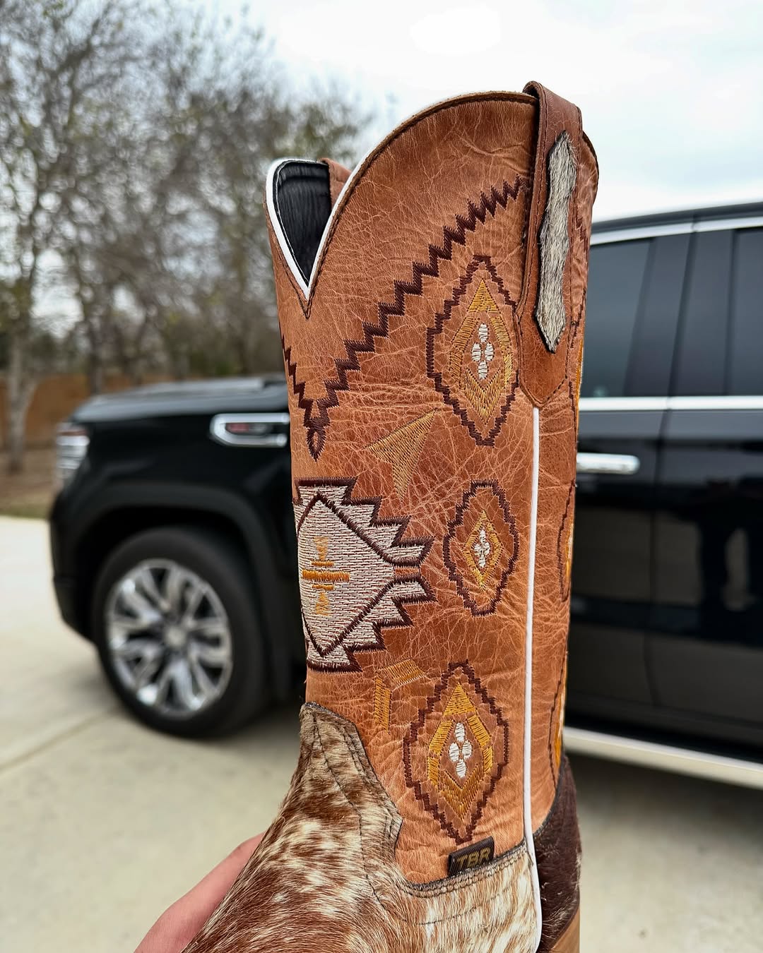 Brown Suede Square Pattern Cowboy Boots
