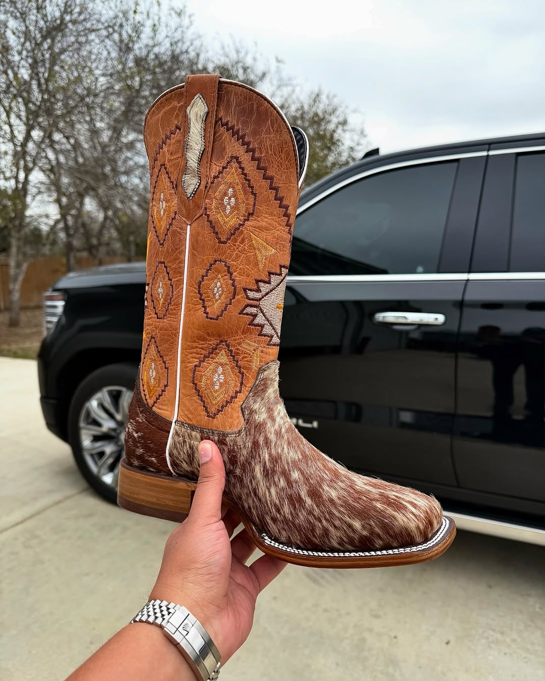 Brown Suede Square Pattern Cowboy Boots