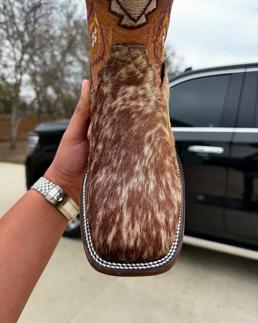 Brown Suede Square Pattern Cowboy Boots