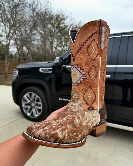 Brown Suede Square Pattern Cowboy Boots