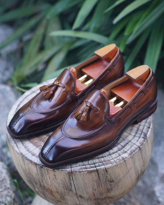 Handmade Dark Brown Leather Tassel Loafers