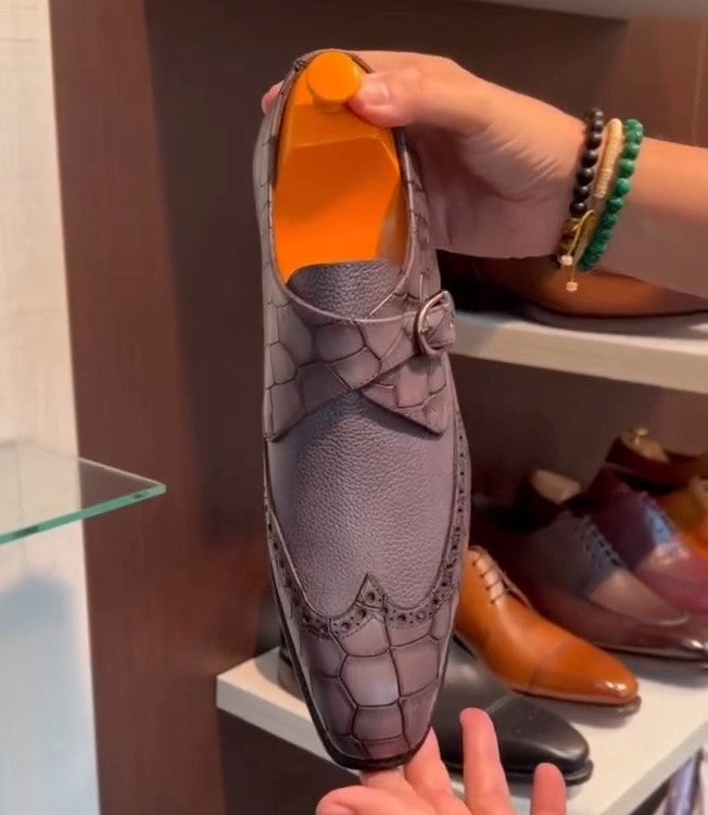Men's Crocodile Leather Single Buckle Monk Shoes