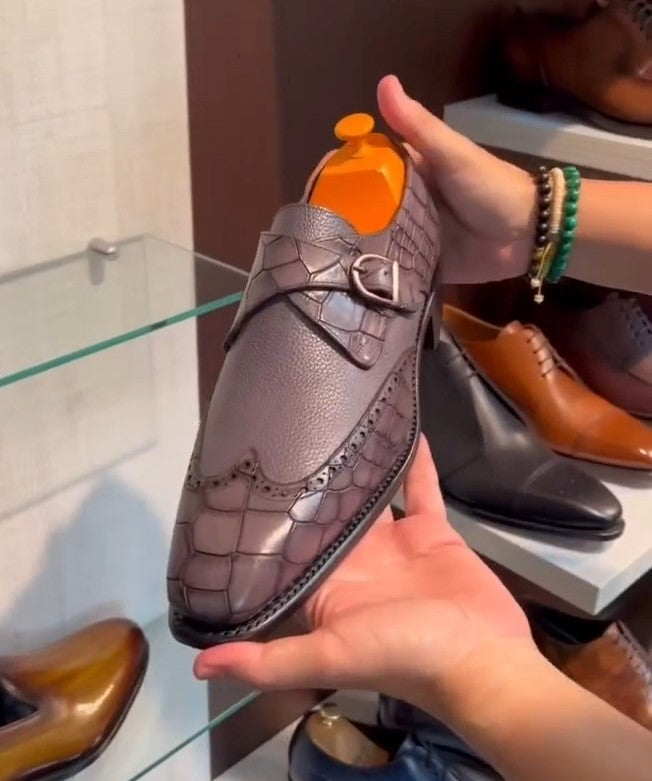 Men's Crocodile Leather Single Buckle Monk Shoes