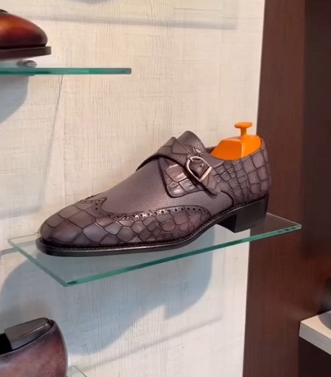 Men's Crocodile Leather Single Buckle Monk Shoes
