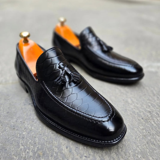 Python Leather Black Tassel Loafers