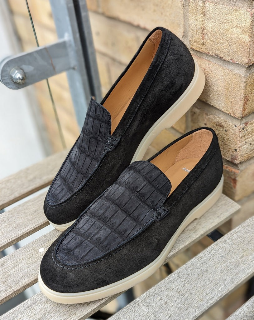 Loafers - Black Suede & Crocodile
