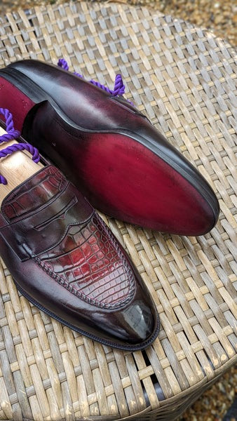 Men's Loafers - Burgundy Crocodile & Calf