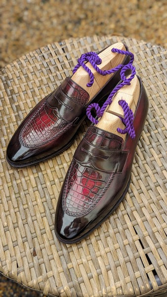 Men's Loafers - Burgundy Crocodile & Calf