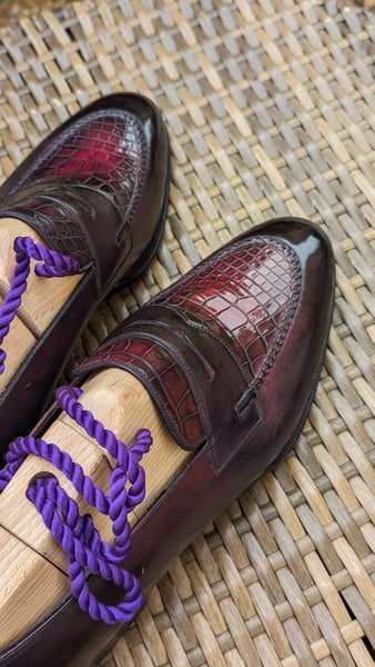Men's Loafers - Burgundy Crocodile & Calf
