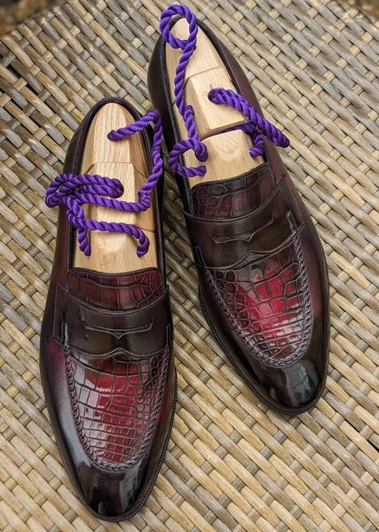 Men's Loafers - Burgundy Crocodile & Calf