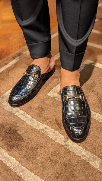 Slippers - Piano Black Crocodile