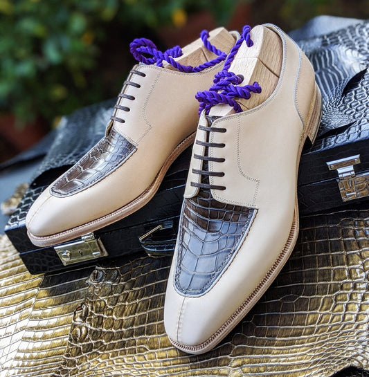 Men's Leather Shoes - Cream Calf & Caviar Alligator