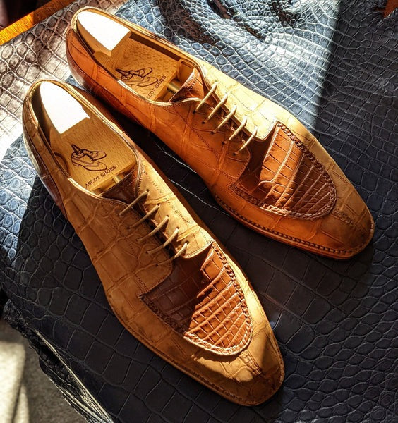 Men's Leather Shoes - Tan Nubuck Alligator & Cognac Crocodile