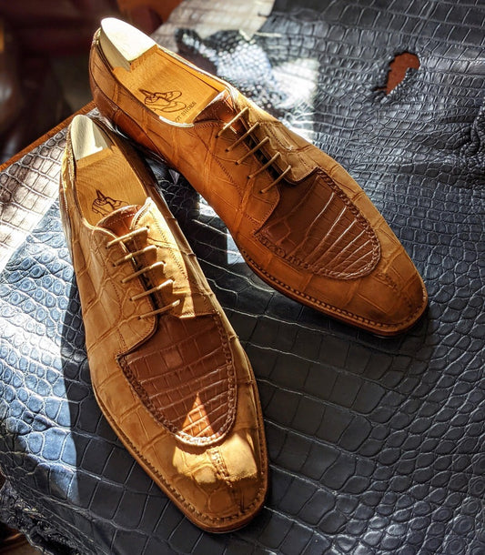Men's Leather Shoes - Tan Nubuck Alligator & Cognac Crocodile