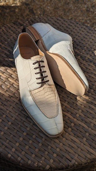 Men's Leather Shoes - White & Cream Crocodile