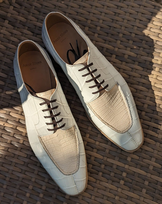 Men's Leather Shoes - White & Cream Crocodile