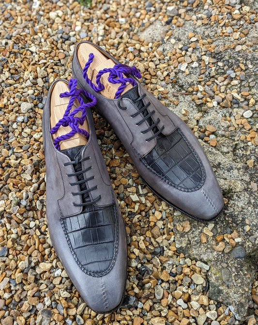 Men's Leather Shoes - Grey Calf & Grey Crocodile