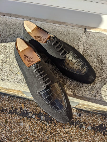 Men's Leather Shoes - Black Suede & Black Crocodile