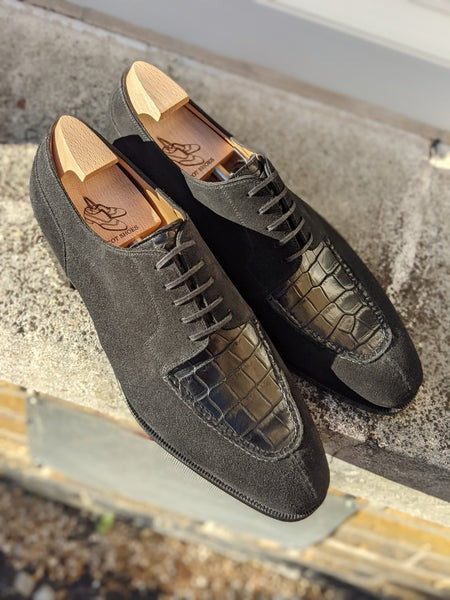 Men's Leather Shoes - Black Suede & Black Crocodile