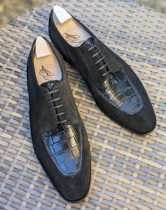 Men's Leather Shoes - Black Suede & Black Crocodile