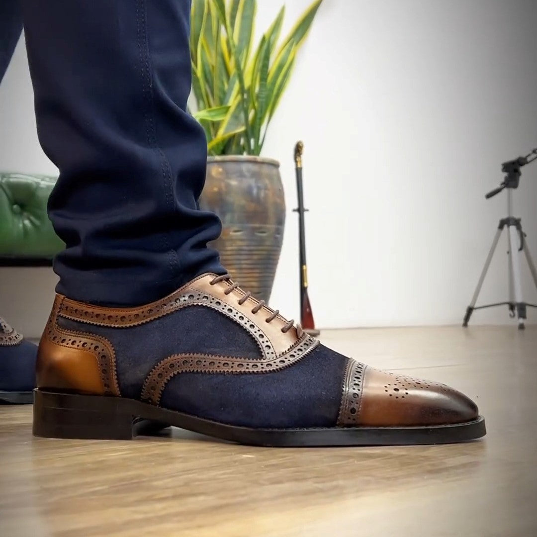 Men's Handmade Brown&Blue Design Leather Shoes