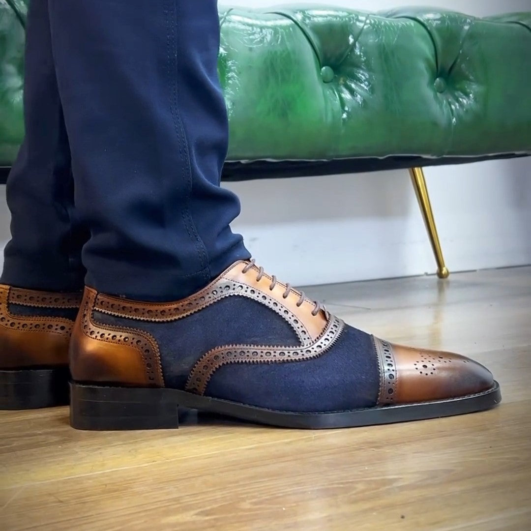 Men's Handmade Brown&Blue Design Leather Shoes