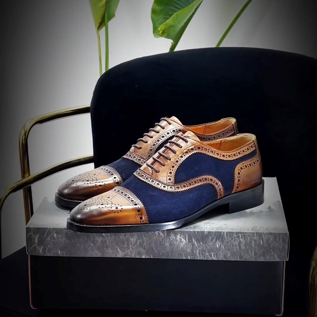 Men's Handmade Brown&Blue Design Leather Shoes