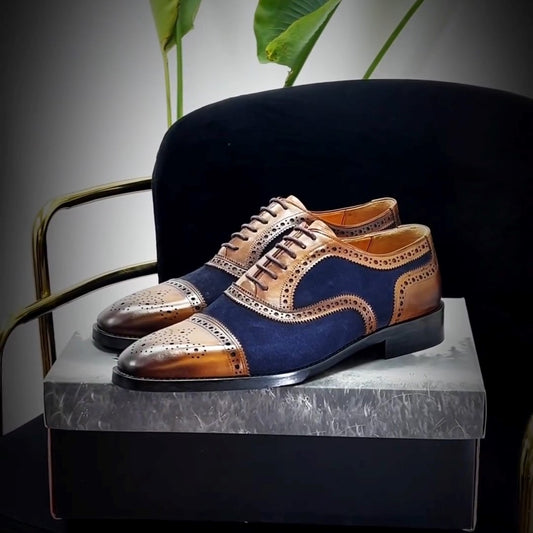 Men's Handmade Brown&Blue Design Leather Shoes