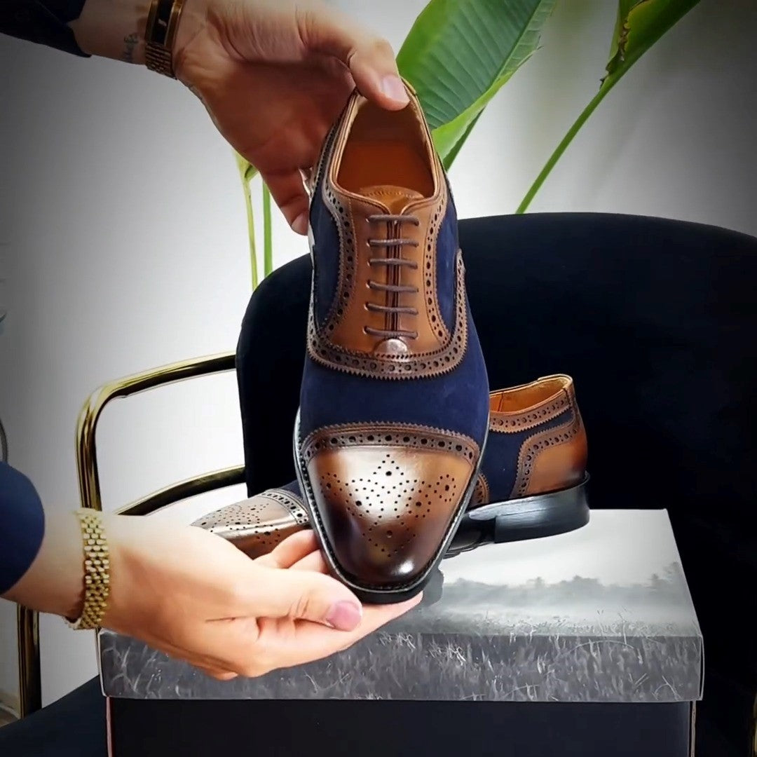 Men's Handmade Brown&Blue Design Leather Shoes