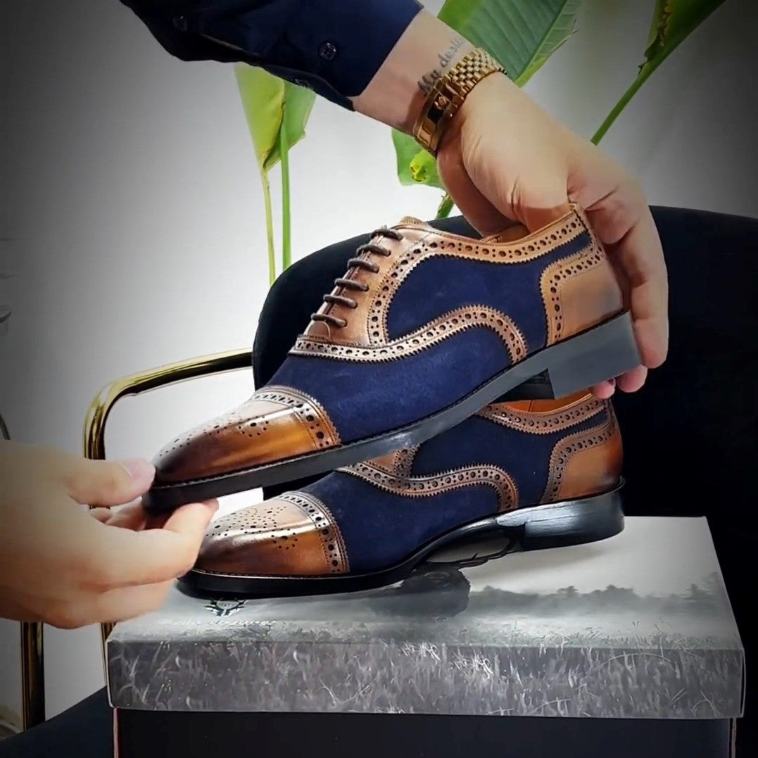 Men's Handmade Brown&Blue Design Leather Shoes