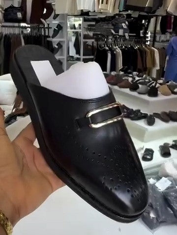 Black Perforated Leather Slippers