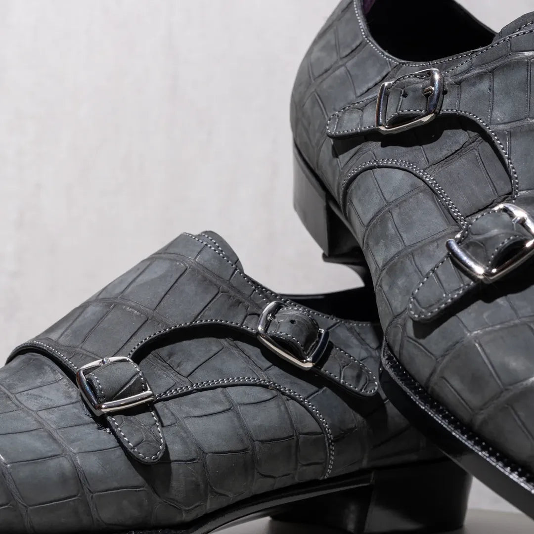 Nubuck Alligator Double Buckle Monk Shoes