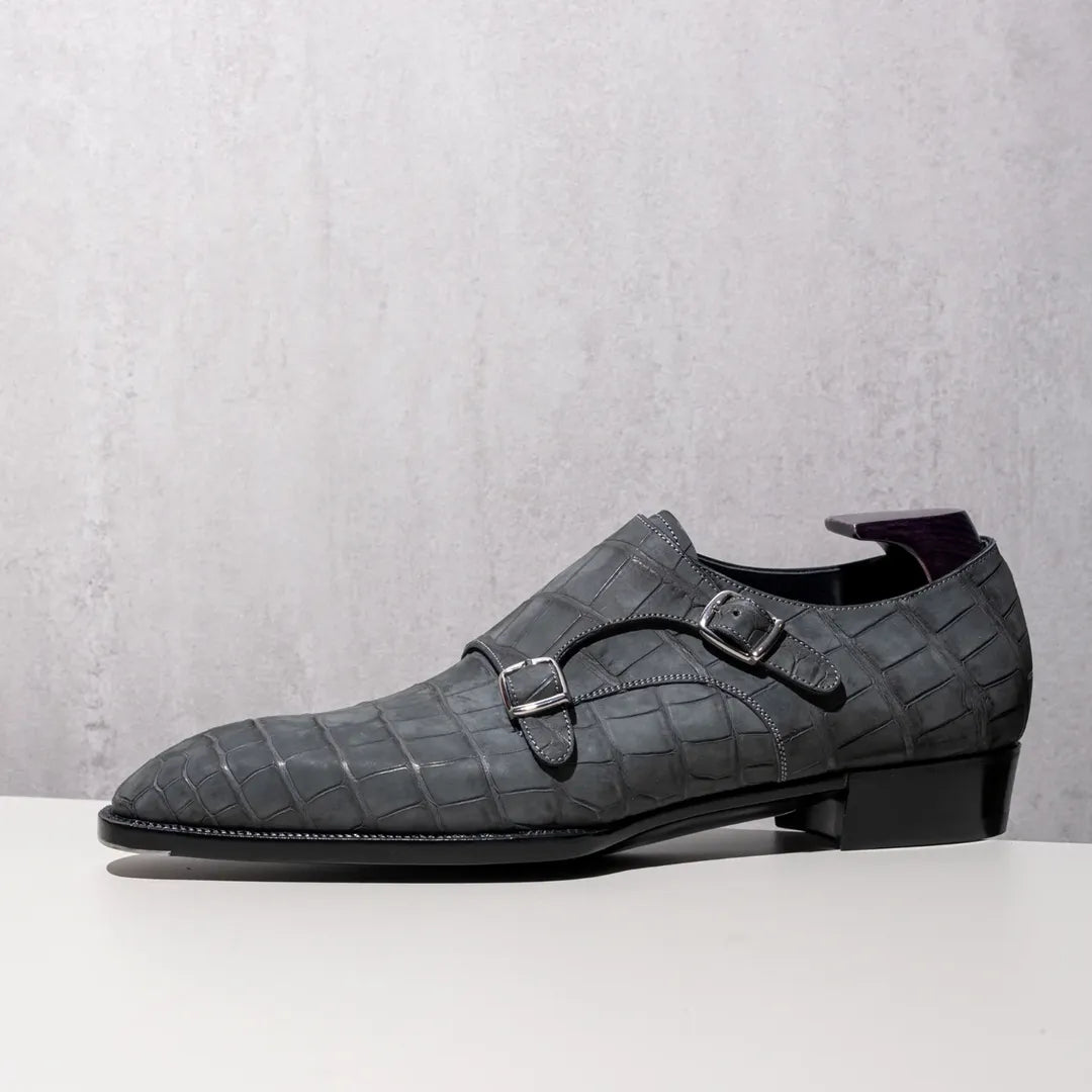 Nubuck Alligator Double Buckle Monk Shoes