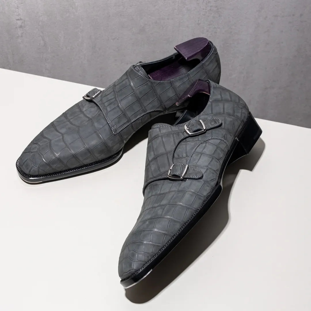 Nubuck Alligator Double Buckle Monk Shoes