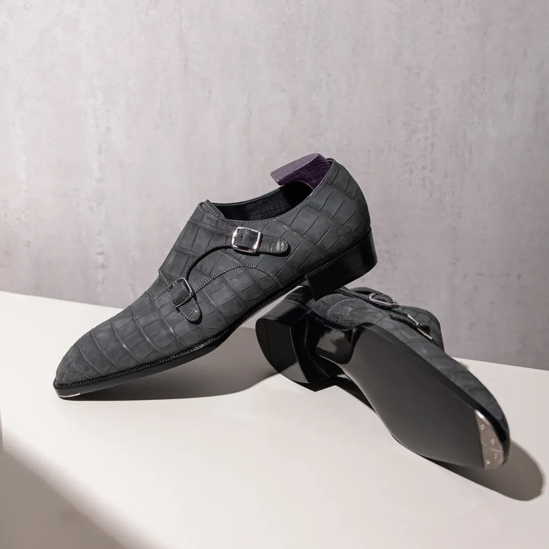 Nubuck Alligator Double Buckle Monk Shoes