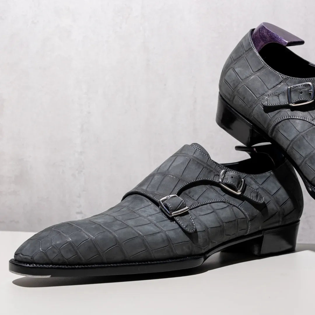 Nubuck Alligator Double Buckle Monk Shoes