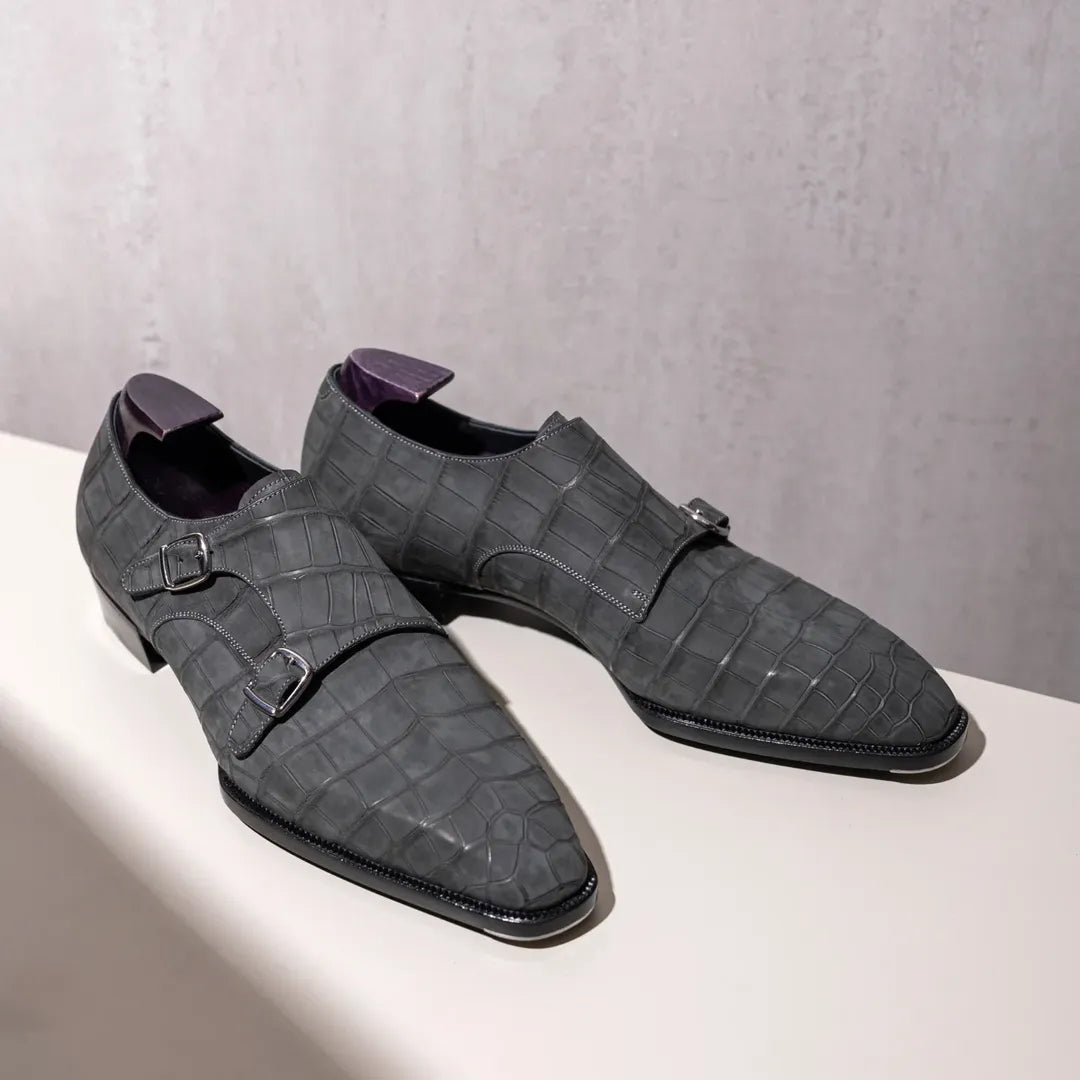 Nubuck Alligator Double Buckle Monk Shoes