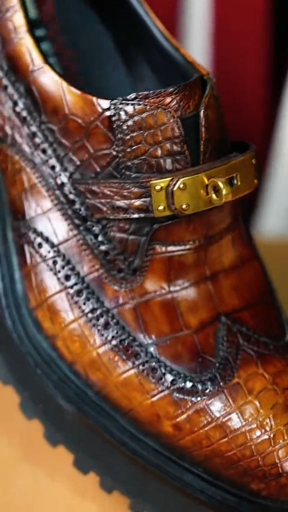 Brown Handmade Crocodile Leather Derby Shoes
