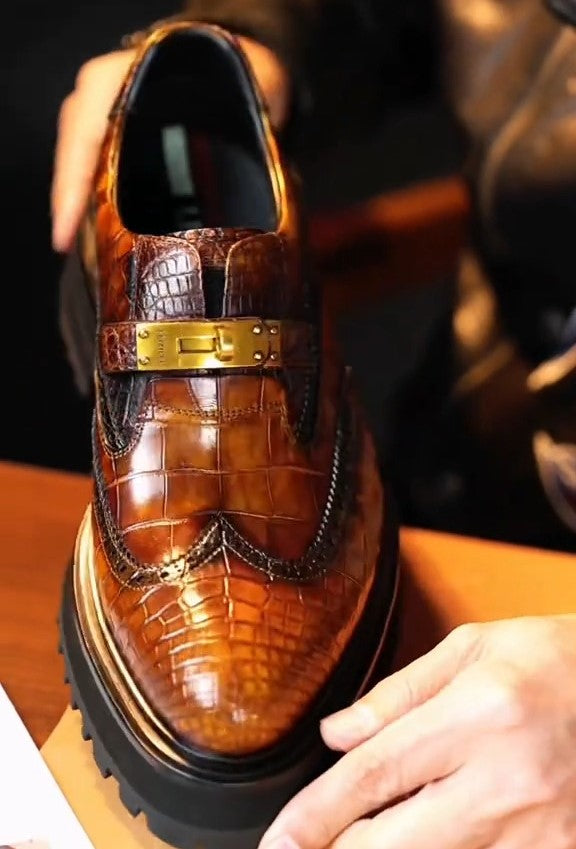 Brown Handmade Crocodile Leather Derby Shoes