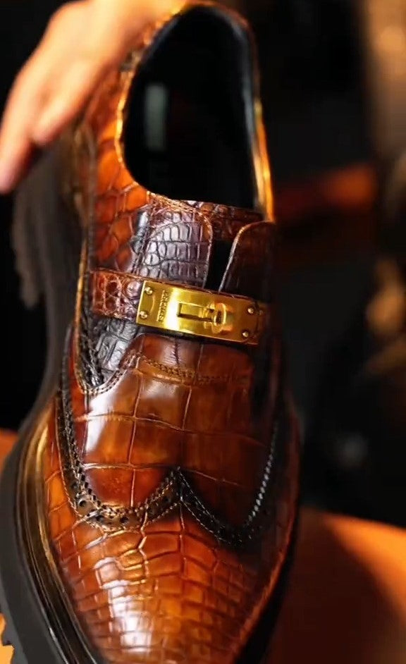 Brown Handmade Crocodile Leather Derby Shoes