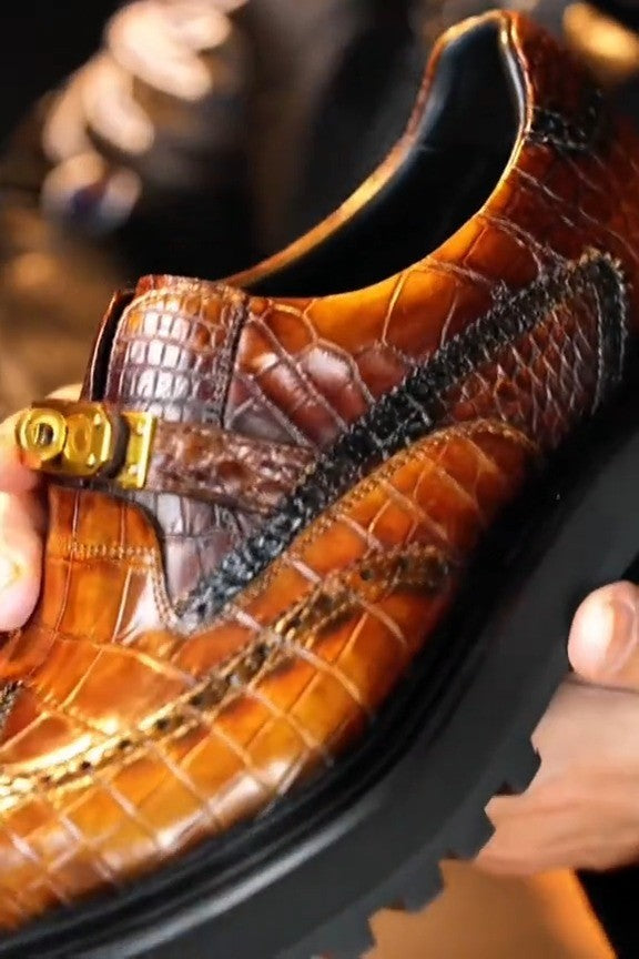 Brown Handmade Crocodile Leather Derby Shoes