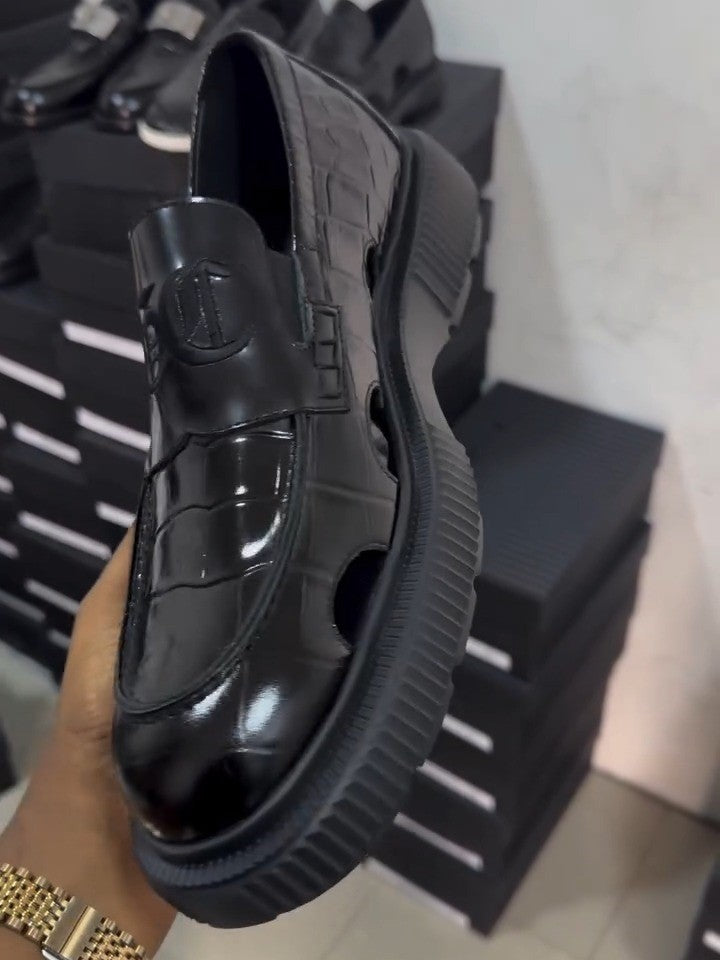 Black Perforated Leather Breathable Casual Shoes