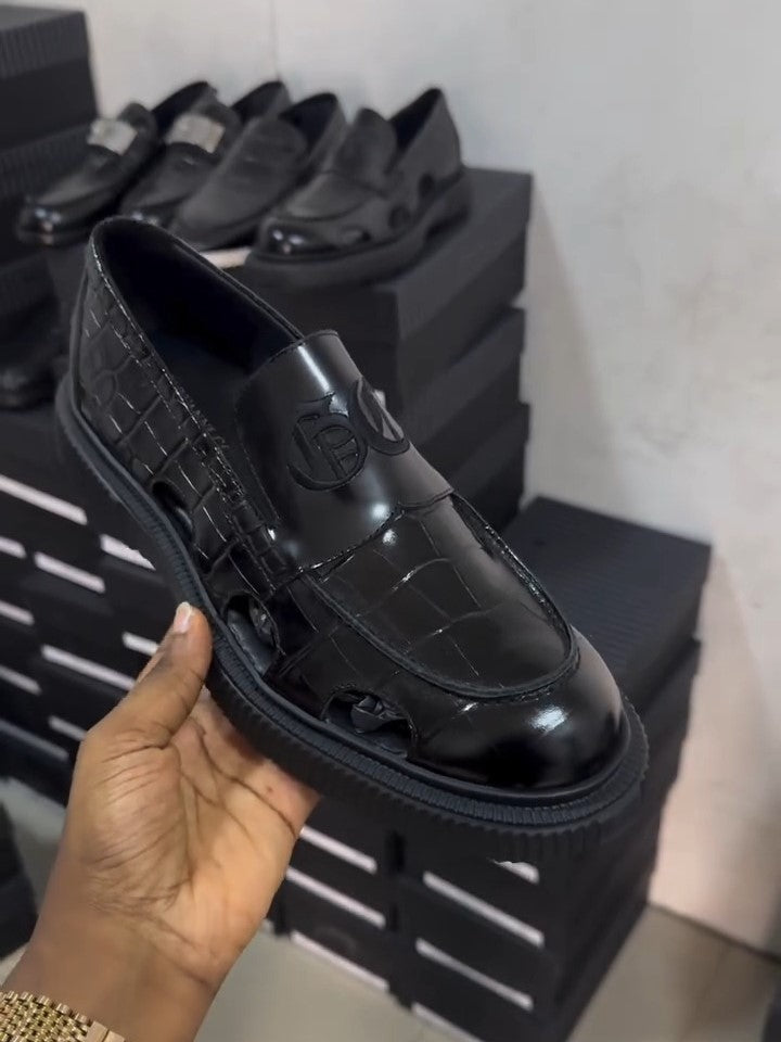 Black Perforated Leather Breathable Casual Shoes