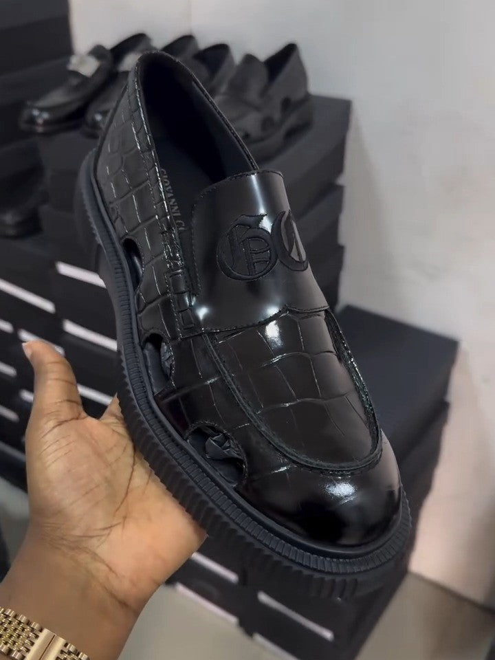 Black Perforated Leather Breathable Casual Shoes
