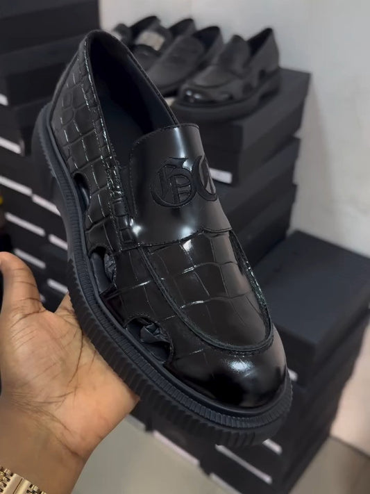 Black Perforated Leather Breathable Casual Shoes