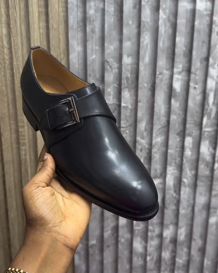 Black Leather Side Buckle Shoes