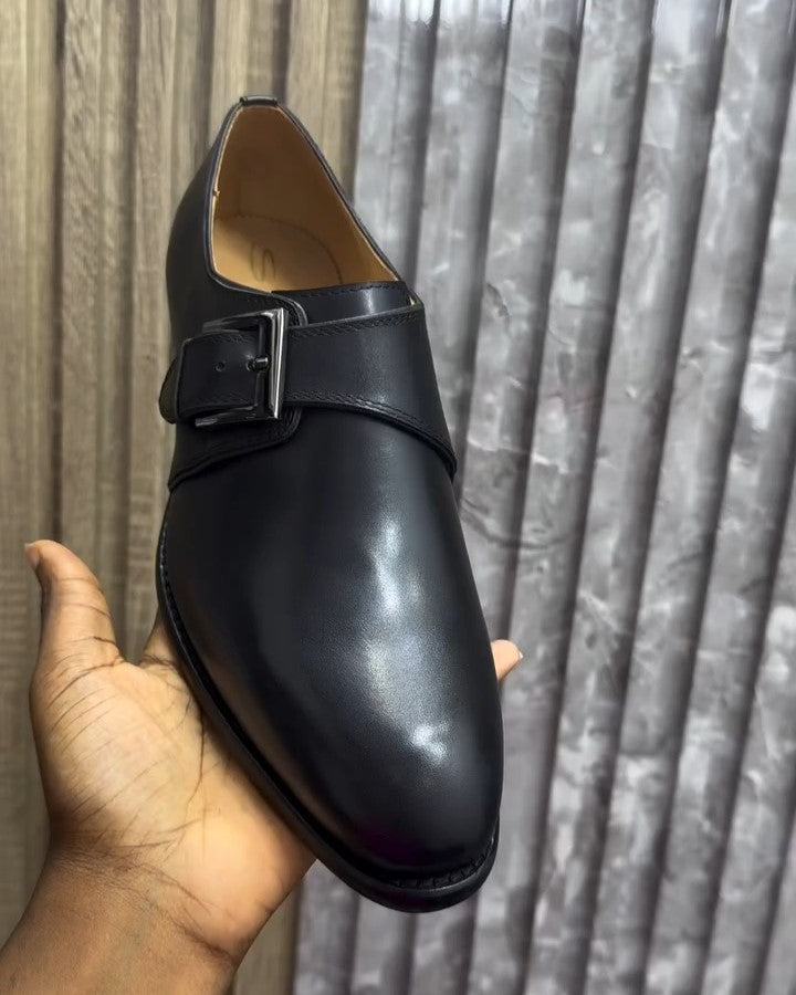 Black Leather Side Buckle Shoes