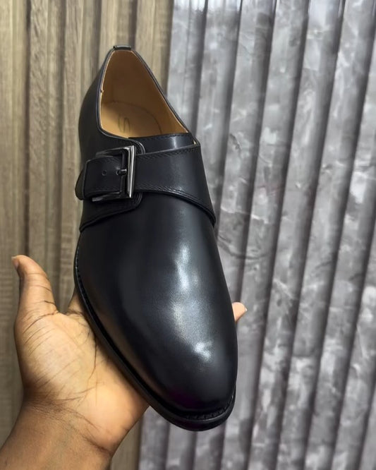 Black Leather Side Buckle Shoes