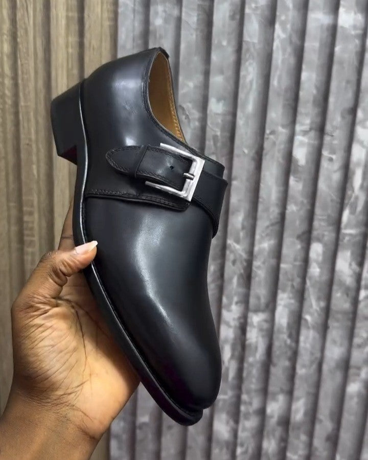 Black Leather Side Buckle Shoes