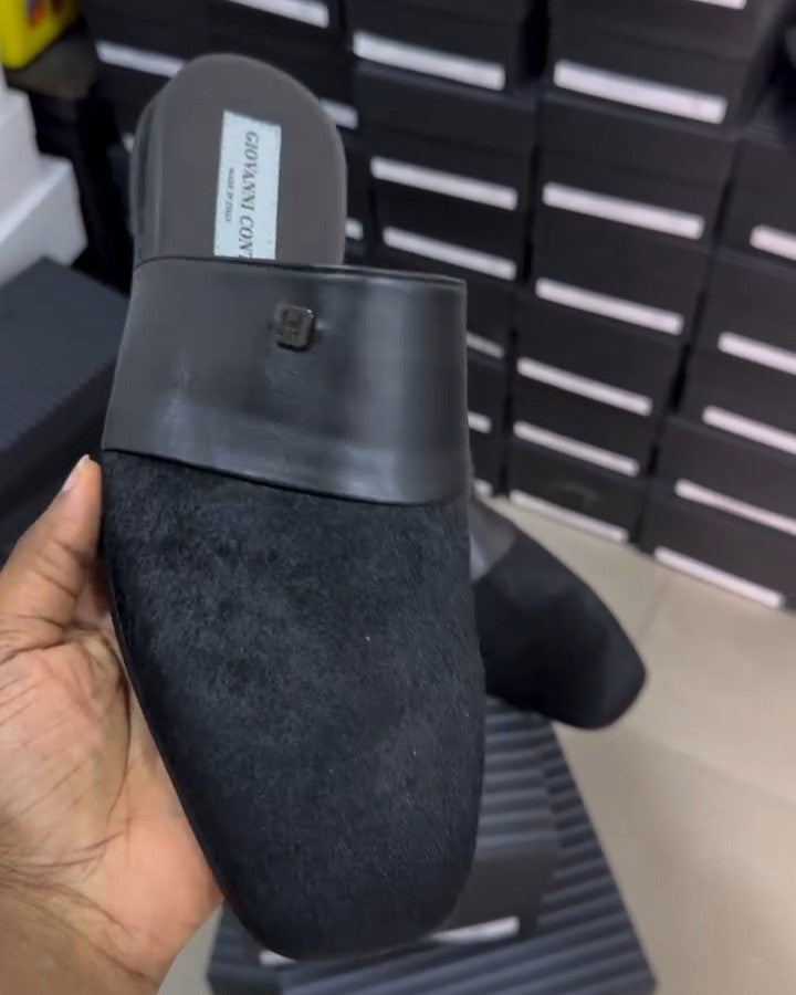 Black Suede Patchwork Leather Slippers